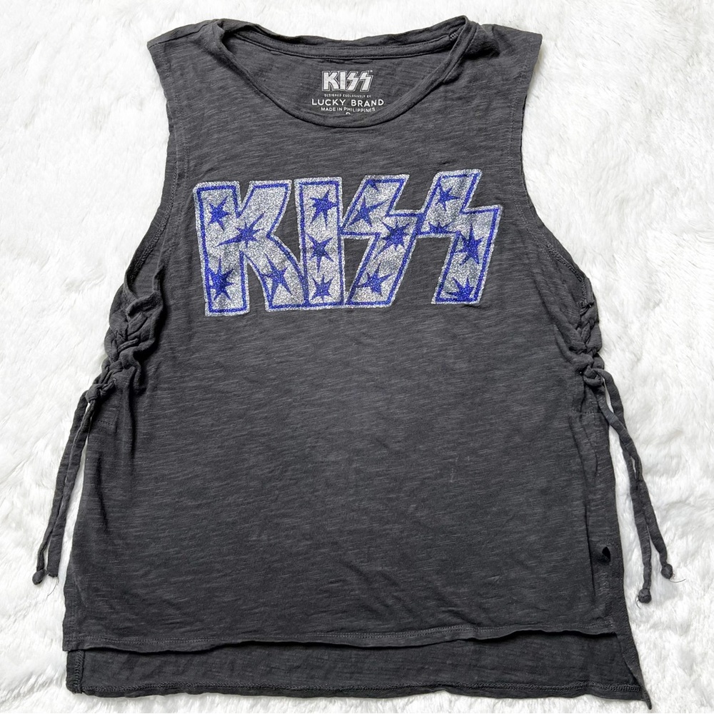 Kiss X Lucky Brand Sleeveless Side Tie Muscle Tee Grey Blue Glitter Women’s S